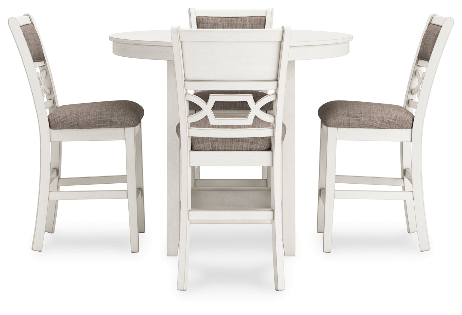 Head-on view of Erinberg upholstered barstools with gray textured fabric