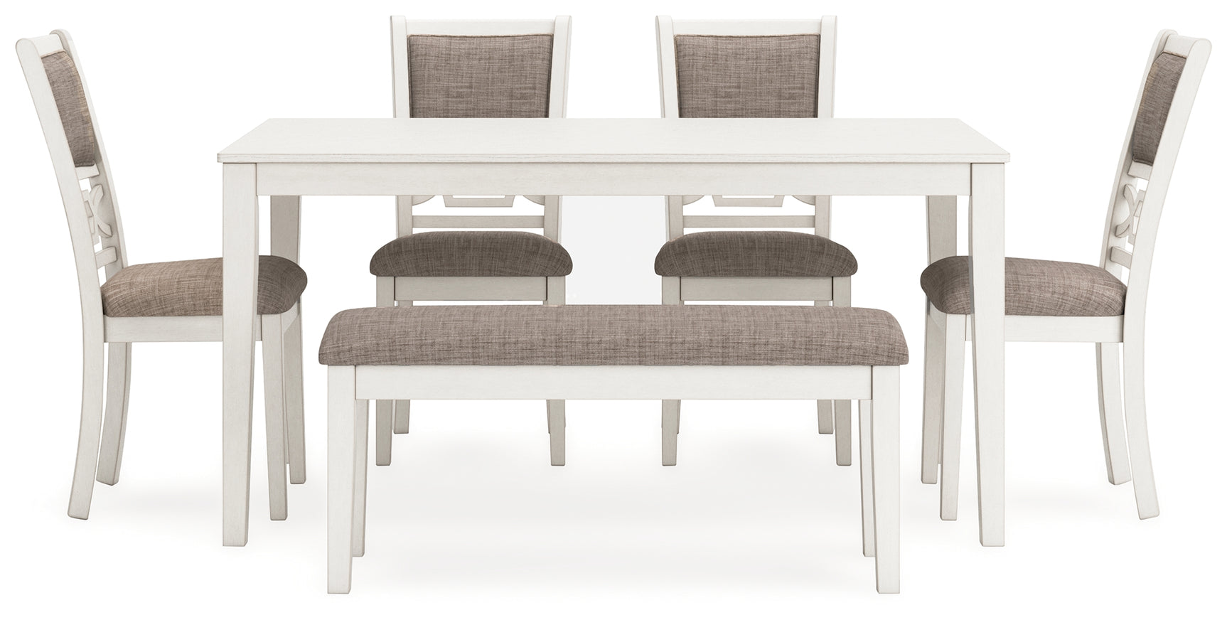 Front view of Erinberg dining chairs with light gray upholstery and fretwork backs