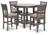 Four light gray upholstered barstools with foam cushions and fretwork accent on stool backrests