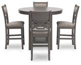 Front view of Wrenning gray counter height dining table and four upholstered barstools in casual dining setting