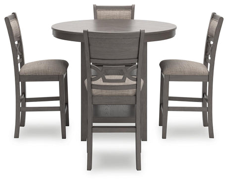 Front view of Wrenning gray counter height dining table and four upholstered barstools in casual dining setting