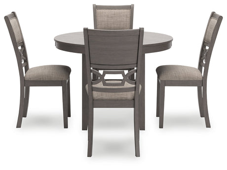 Wrenning gray dining table with four upholstered chairs head-on view