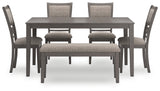 Wrenning gray dining table with 4 upholstered chairs and bench head-on view