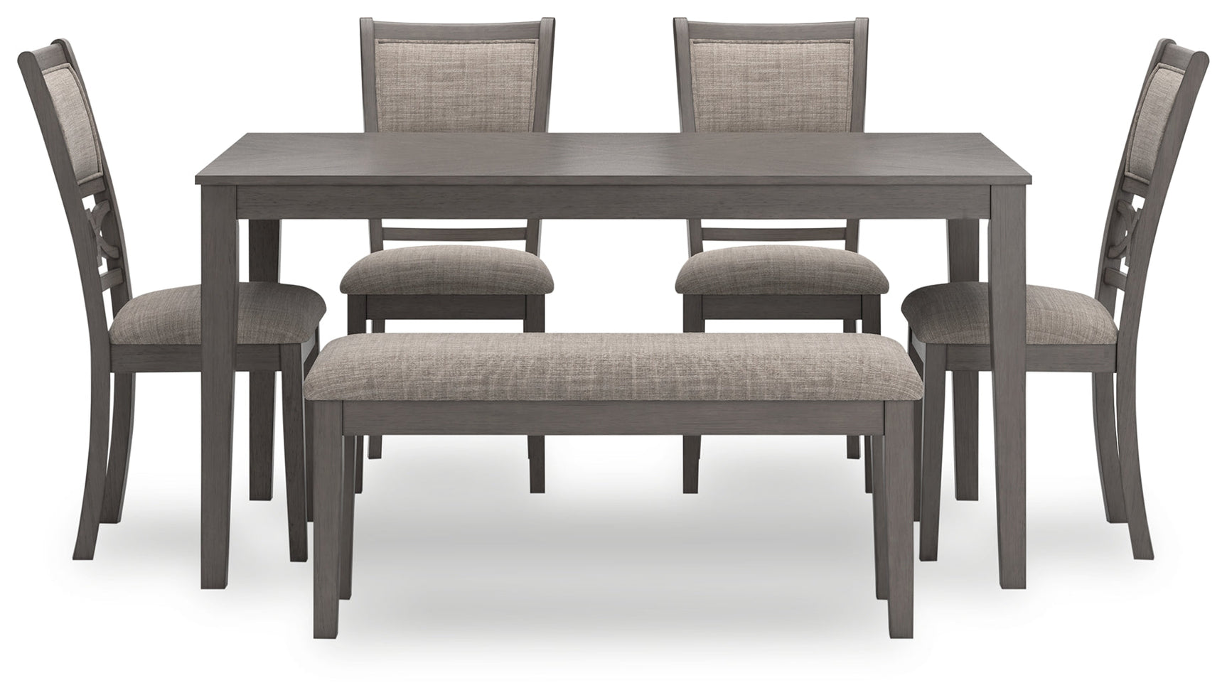 Wrenning gray dining table with 4 upholstered chairs and bench head-on view