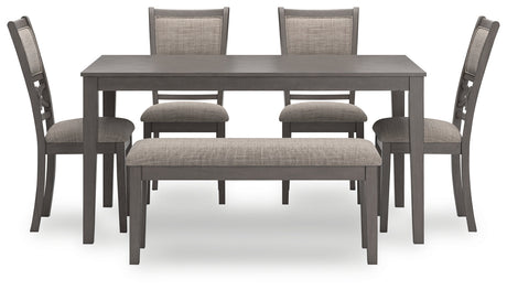 Wrenning gray dining table with 4 upholstered chairs and bench head-on view