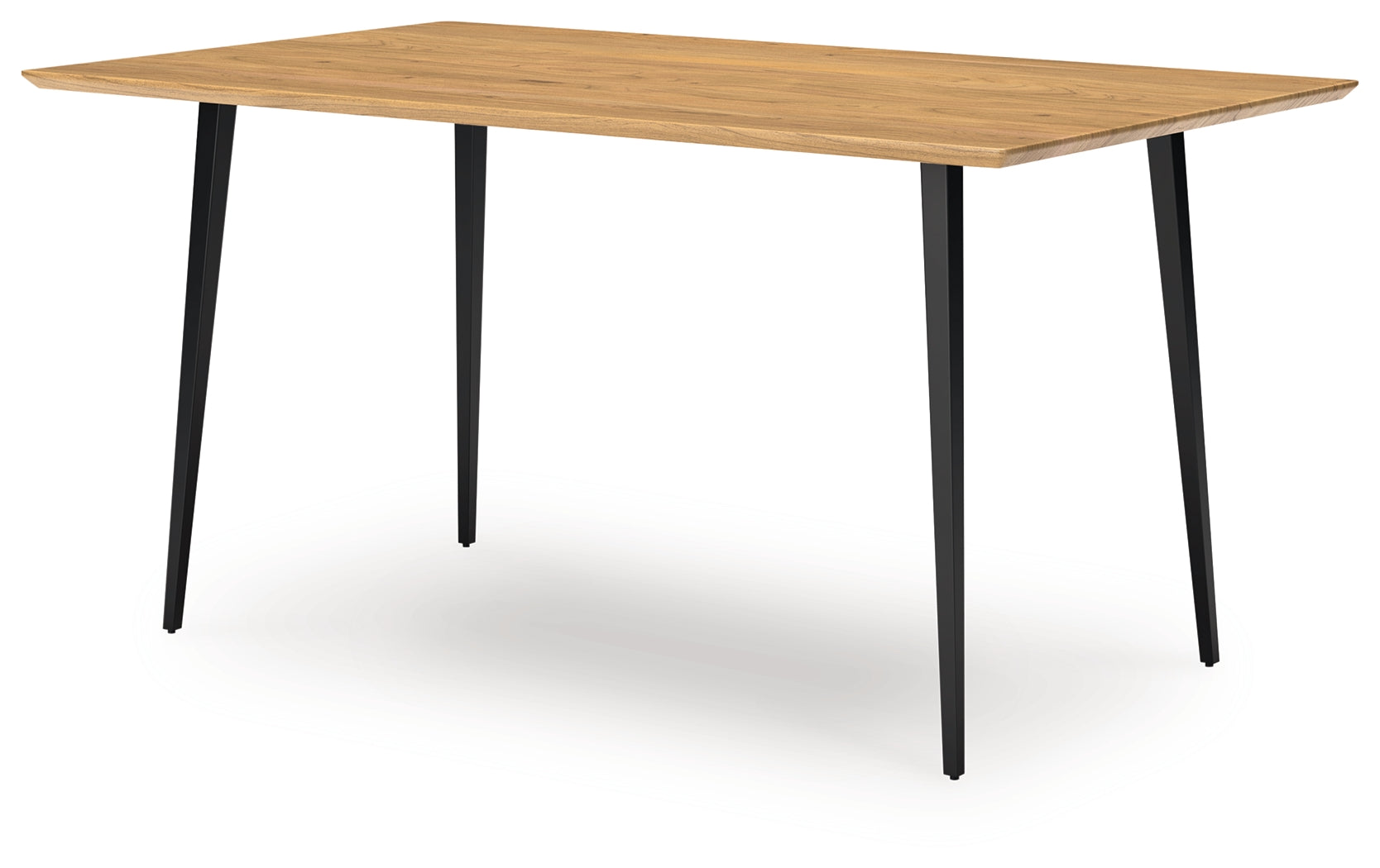 Side angle of Gretlynn dining table highlighting wood top and metal legs