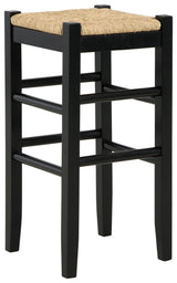 Angled view of Mirimyn Black Bar Height Stool showing black wood frame