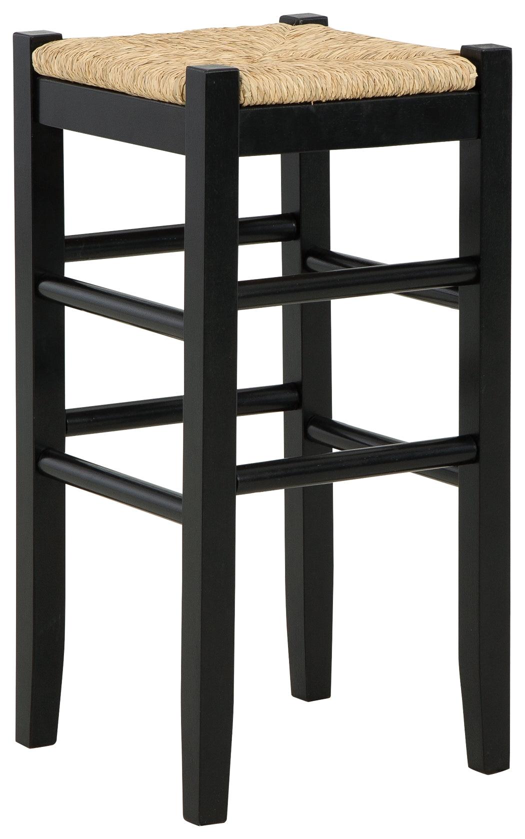 Angled view of Mirimyn Black Bar Height Stool showing black wood frame