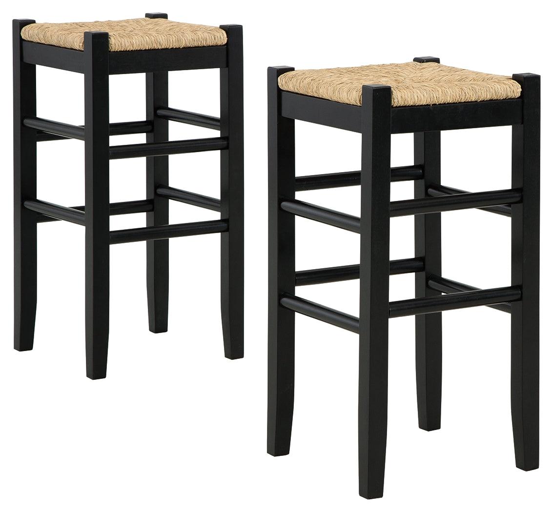 Side view of Mirimyn Black Bar Height Stool highlighting natural woven seat