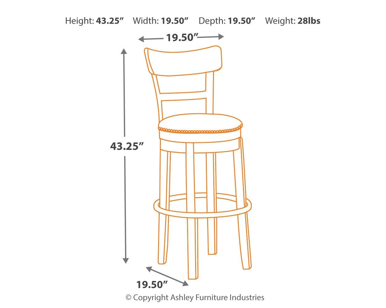 Dimension diagram for Pinnadel Bar Height Swivel Stool