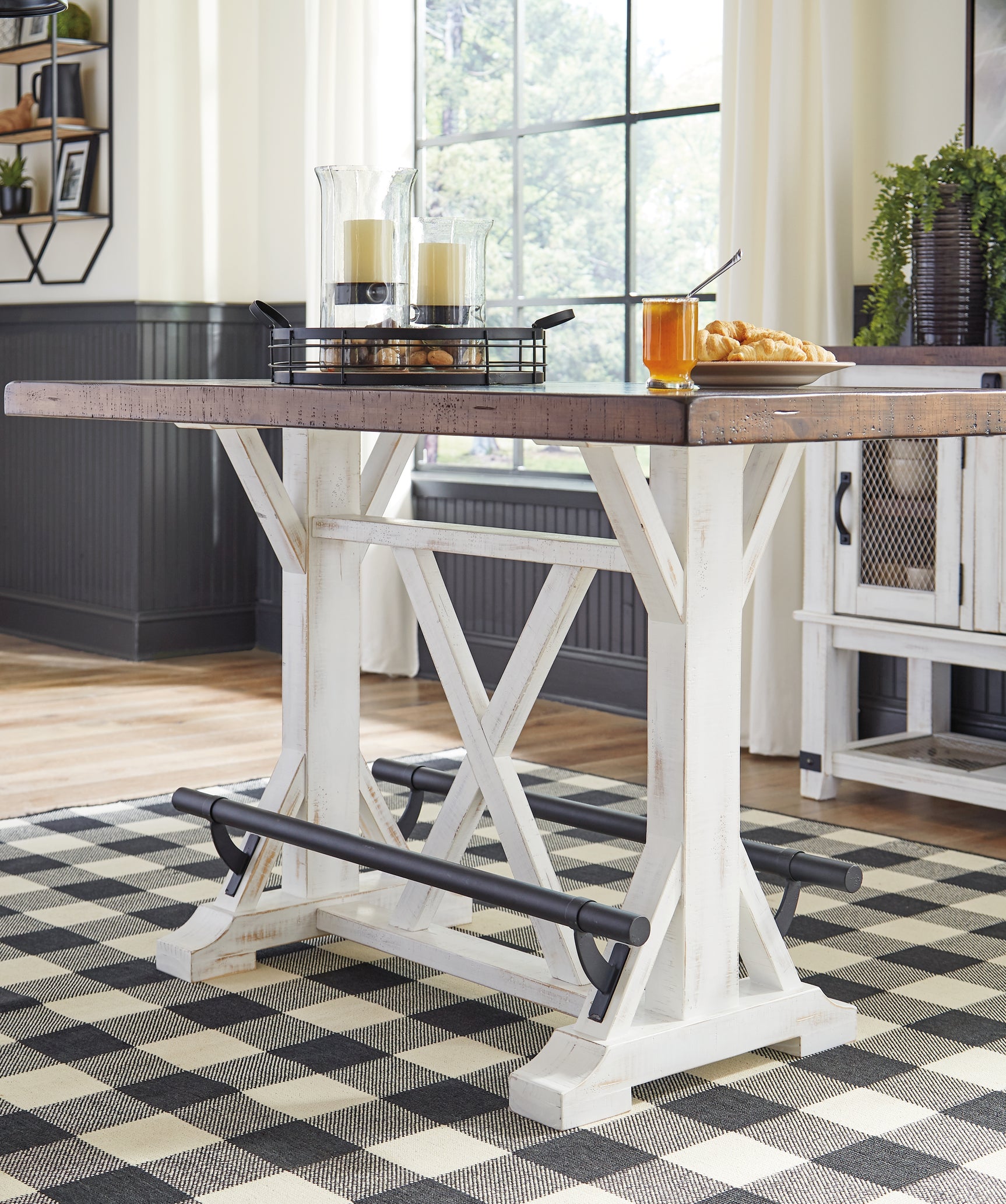 Distressed vintage white base with black metal footrest