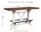Angle view of dining table and barstools showcasing two-tone finish