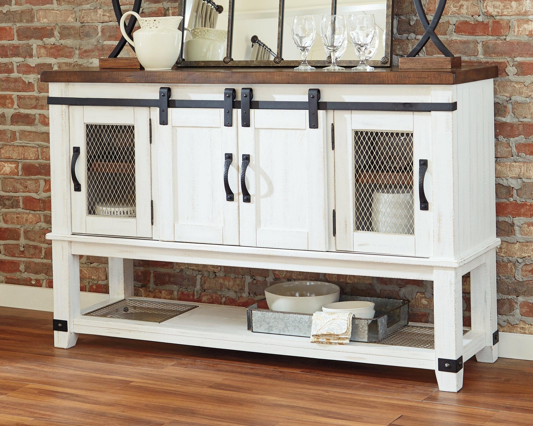 Side angle of Valebeck dining server showing metal bracket accents