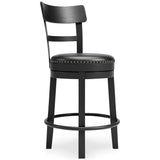 Valebeck Bar Stool angled side view highlighting swivel feature