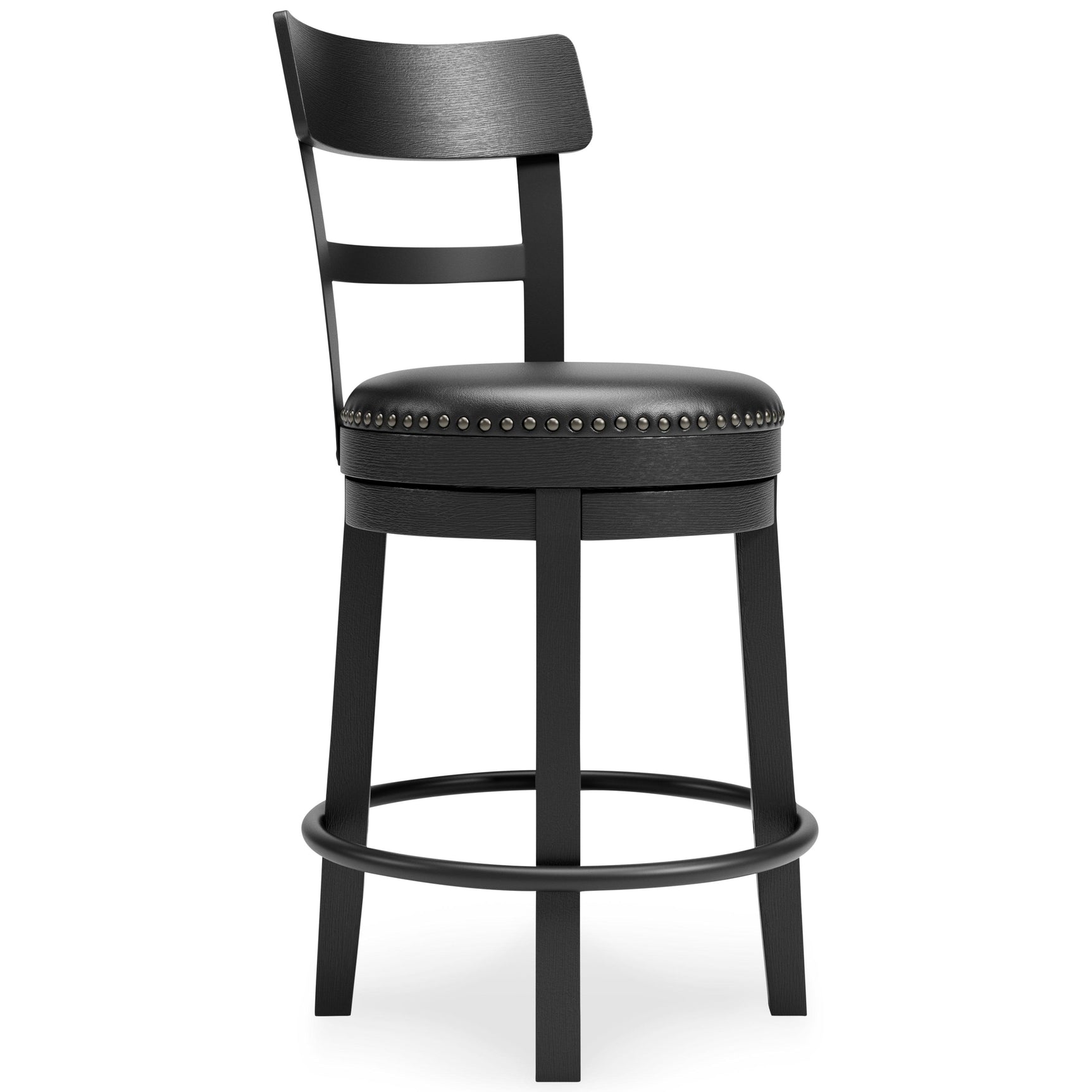 Valebeck Bar Stool angled side view highlighting swivel feature