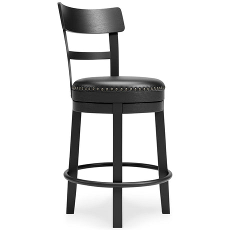 Valebeck Bar Stool angled side view highlighting swivel feature
