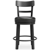 Head-on view of Valebeck black upholstered counter height bar stool