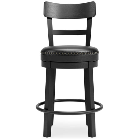 Head-on view of Valebeck black upholstered counter height bar stool