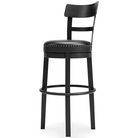 Valebeck Black Bar Height Bar Stool side angle with rubber feet visible