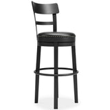 Side view of Valebeck Black Bar Height Bar Stool highlighting contoured backrest and footrest