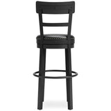 Alternative side angle of Valebeck Black Bar Height Bar Stool showing swivel mechanism