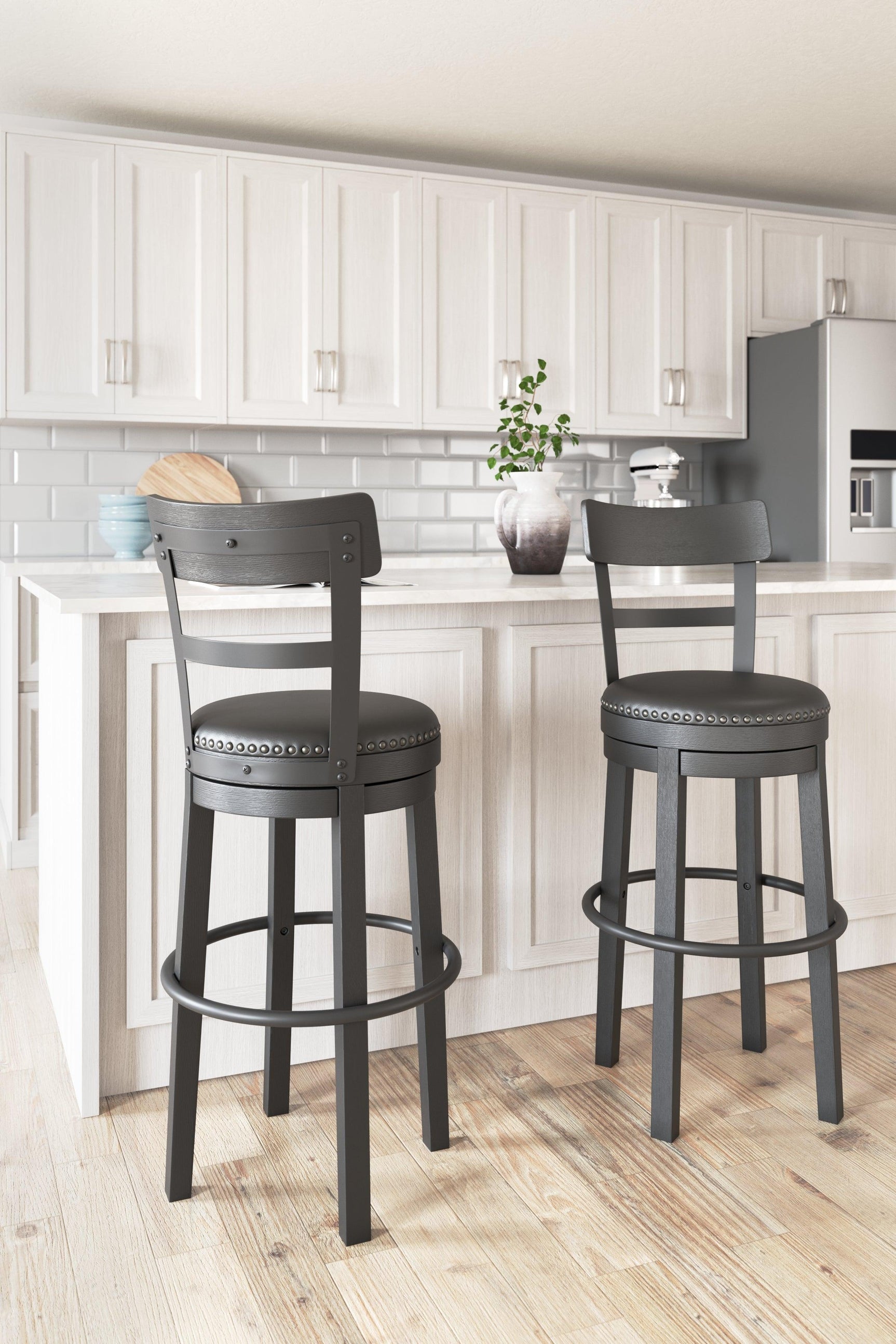 Back view of Valebeck Black Bar Height Bar Stool showcasing antiqued black finish
