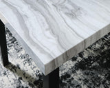 Close-up of faux gray marble tabletop on Mervannie dining table