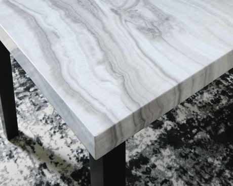 Close-up of faux gray marble tabletop on Mervannie dining table