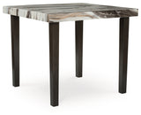 Jeshina dining table head-on view in dark brown and beige finishes