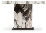 Side view of Jeshina dining table showing faux marble pattern
