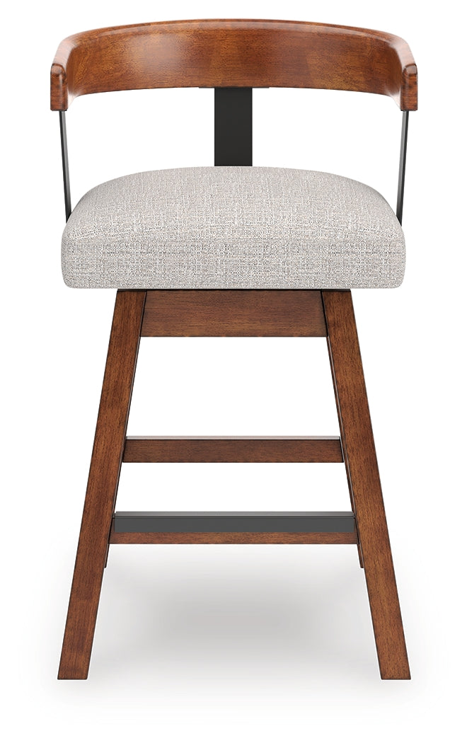 Head-on view of Ralene barstool with upholstered seat and back