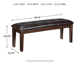 Haddigan Dark Brown Upholstered Dining Bench dimensional drawing with measurements