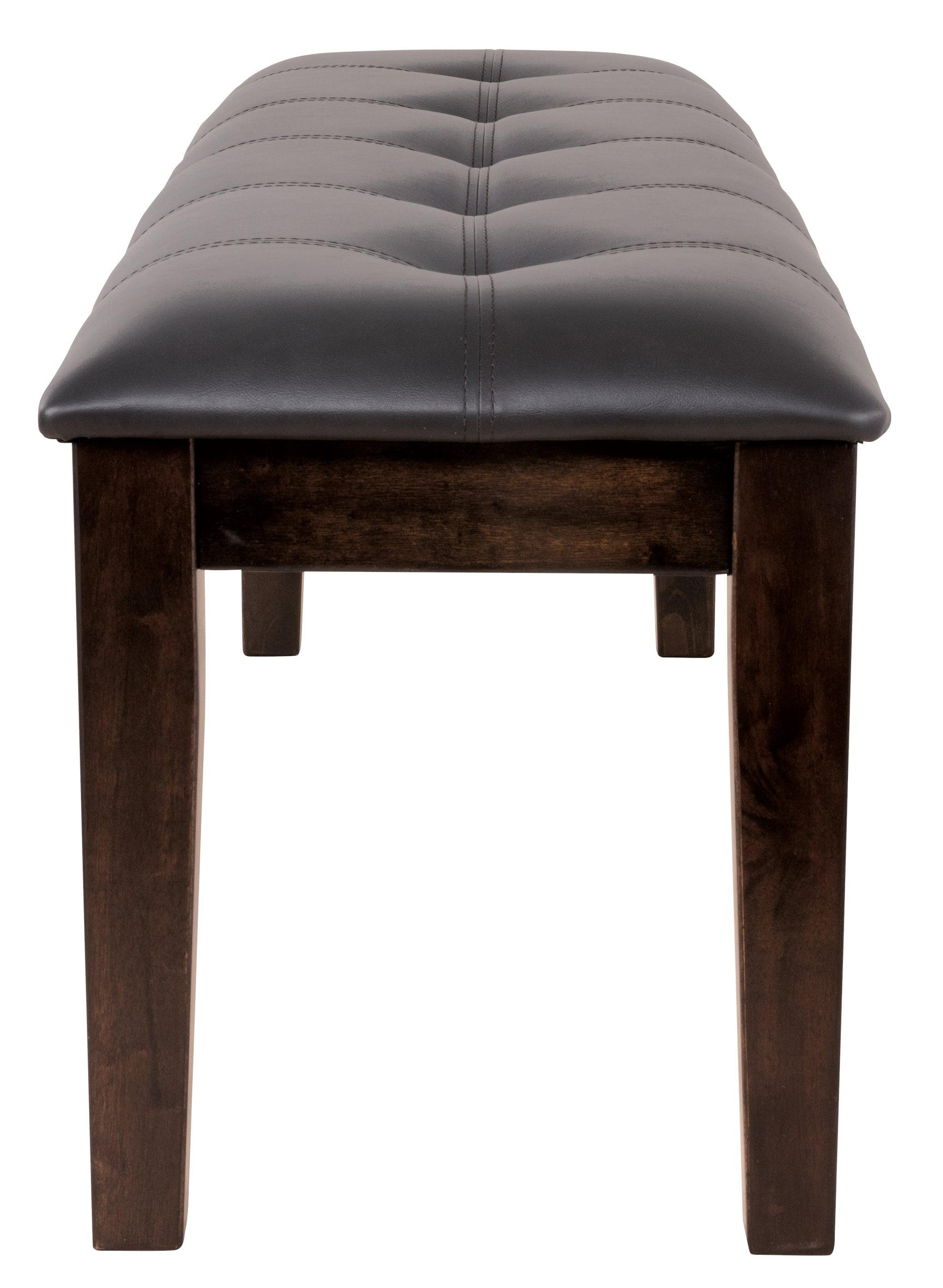 Haddigan Dark Brown Upholstered Dining Bench close-up of wood legs
