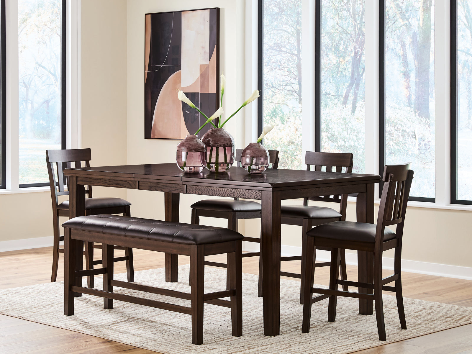 Haddigan Dark Brown Counter Height Dining Table and 4 Barstools and Bench