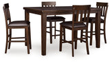 Side view of Haddigan dark brown counter height dining table and barstools