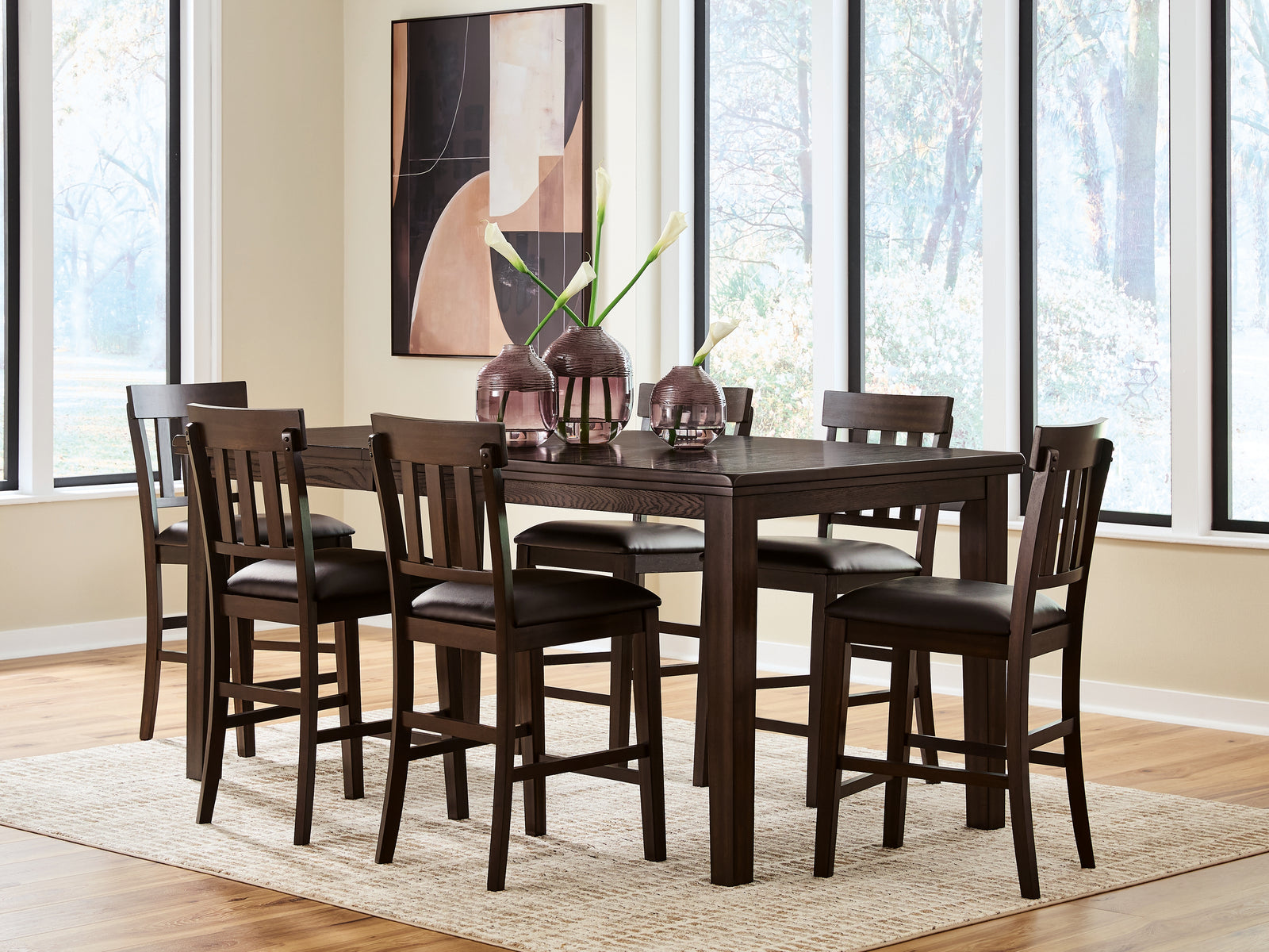 Haddigan Dark Brown Counter Height Dining Table and 6 Barstools