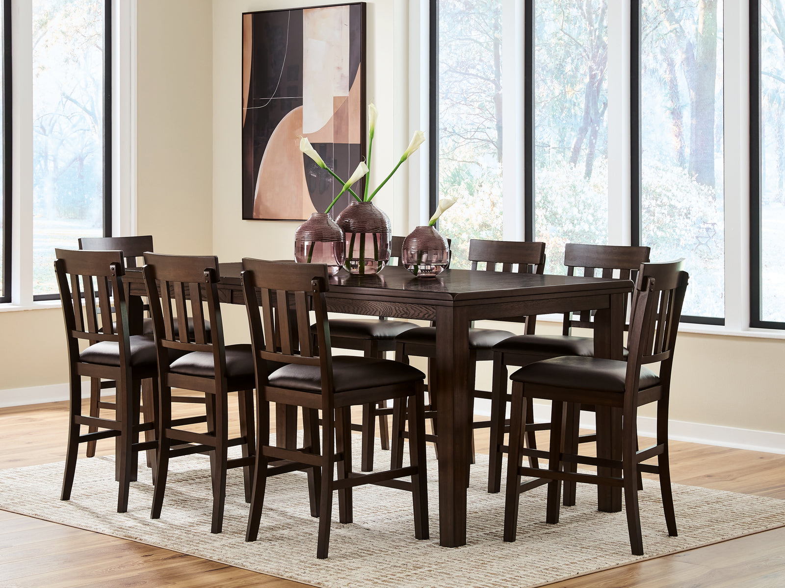 Haddigan Dark Brown Counter Height Dining Table and 8 Barstools