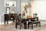 Haddigan Dark Brown Upholstered Dining Bench top detail showing button tufting