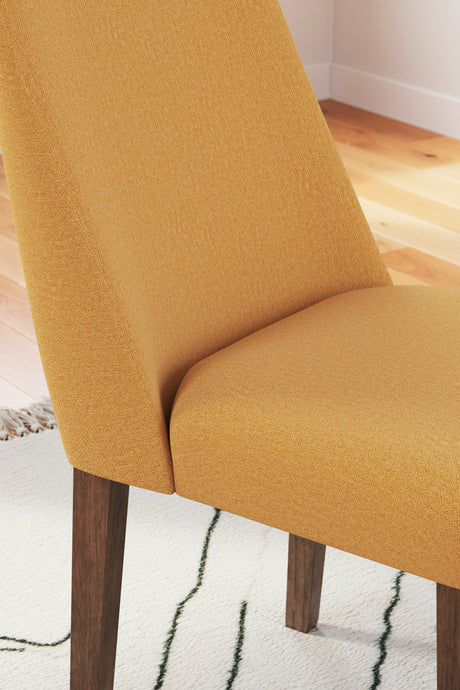 Lyncott Mustard and Brown dining table with four chairs, front angle