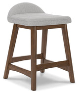 Angled view of Lyncott light gray and brown counter height bar stool