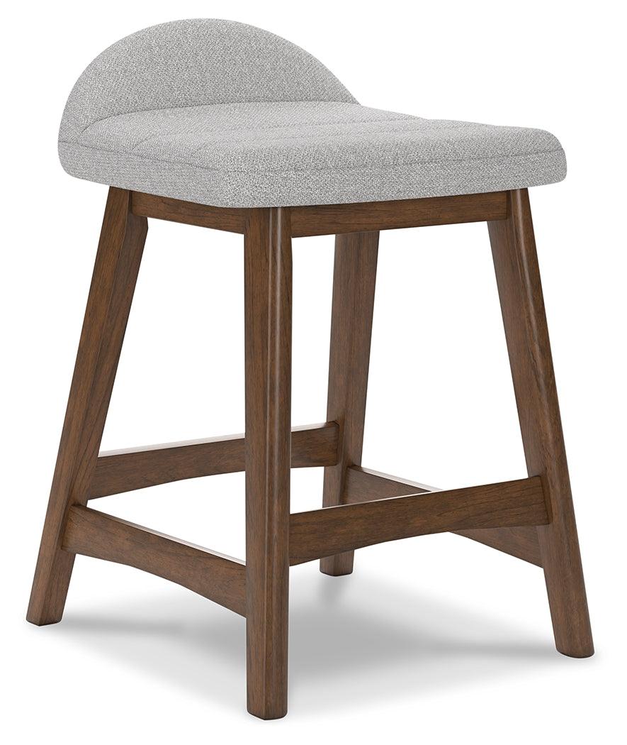 Angled view of Lyncott light gray and brown counter height bar stool