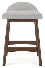Side angle of Lyncott light gray and brown counter height bar stool showing seat contour