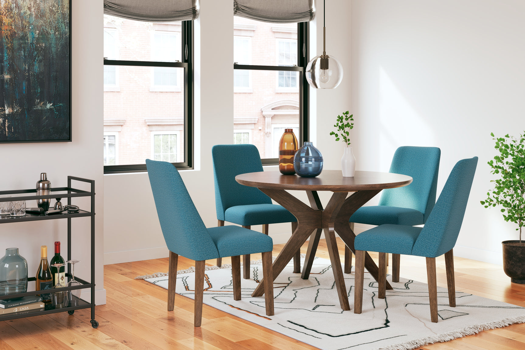 Lyncott Blue and Brown Mid-Century Dining Table and Chairs