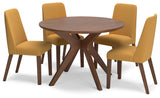 Lyncott Mustard and Brown dining table with four chairs, front angle