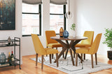 Lyncott Mustard and Brown dining table with four chairs, front angle