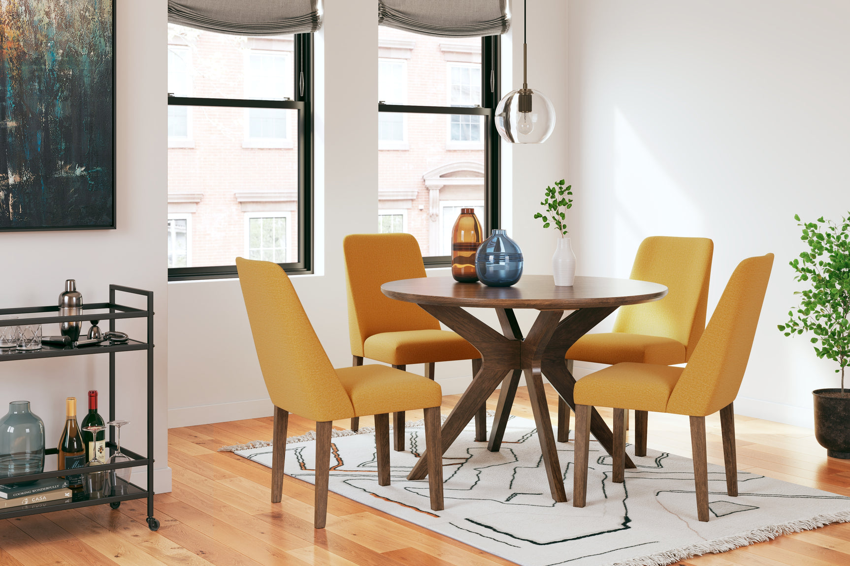 Lyncott Mustard and Brown dining table with four chairs, front angle