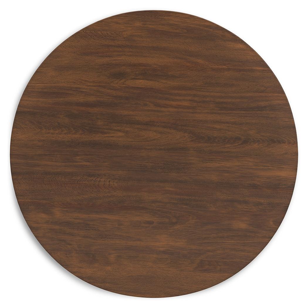 Close-up detail of Lyncott dining table wood grain and base