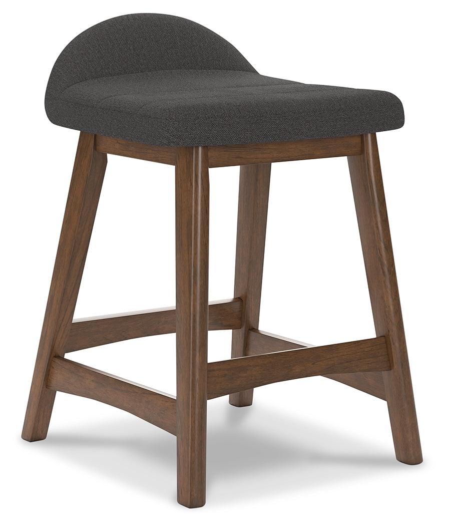 Lyncott charcoal brown upholstered bar stool angle view