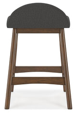 Side view of Lyncott charcoal upholstered counter height bar stool