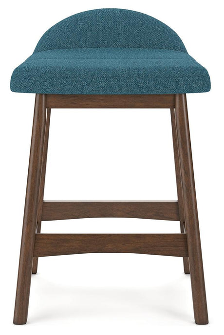 Lyncott Blue brown counter height bar stool head on view